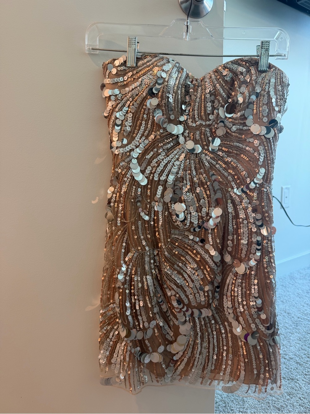 Sherri Hill Strapless Sequin Mini Dress in Rose Gold and Silver